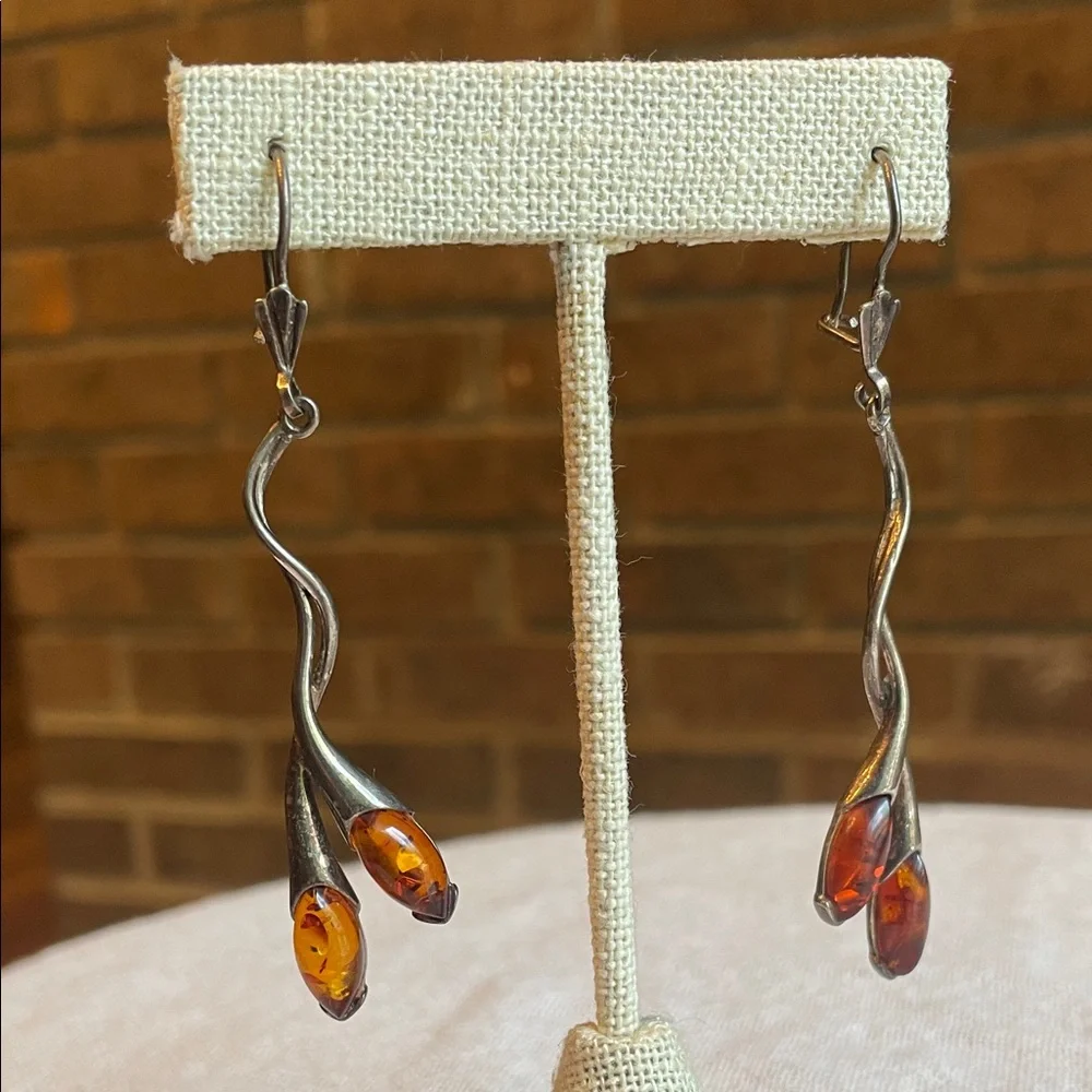 Handmade Sterling Silver and Baltic Amber organic floral hook back drop earrings - Picture 1 of 11